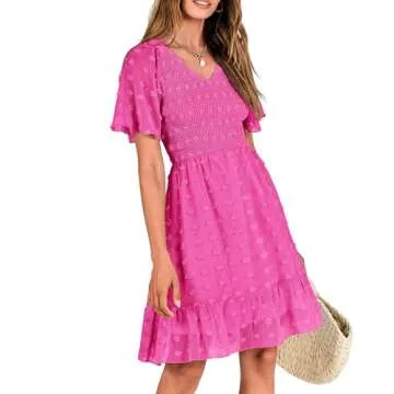 BTFBM Womens V Neck Casual Vacation Dress Short Sleeve Smocked Swiss Dot Swing Ruffle Mini Beach Summer Dresses 2025(Swiss Dot Rose Red, Large)