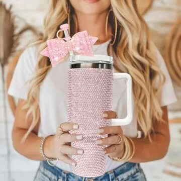 SEMATA（2+2 2PCS Silicone Straw Cover for Stanley Cup 2PCS Cute Glitter Bow Charms Straw Toppers for Stanley Cup 30&40 Oz Stanley Straw Cover for Tumblers Stanley Cup Accessories(Pink)