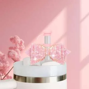 SEMATA（2+2 2PCS Silicone Straw Cover for Stanley Cup 2PCS Cute Glitter Bow Charms Straw Toppers for Stanley Cup 30&40 Oz Stanley Straw Cover for Tumblers Stanley Cup Accessories(Pink)