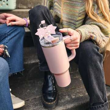 SEMATA（2+2 2PCS Silicone Straw Cover for Stanley Cup 2PCS Cute Glitter Bow Charms Straw Toppers for Stanley Cup 30&40 Oz Stanley Straw Cover for Tumblers Stanley Cup Accessories(Pink)