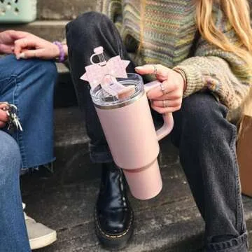 SEMATA（2+2 2PCS Silicone Straw Cover for Stanley Cup 2PCS Cute Glitter Bow Charms Straw Toppers for Stanley Cup 30&40 Oz Stanley Straw Cover for Tumblers Stanley Cup Accessories(Pink)