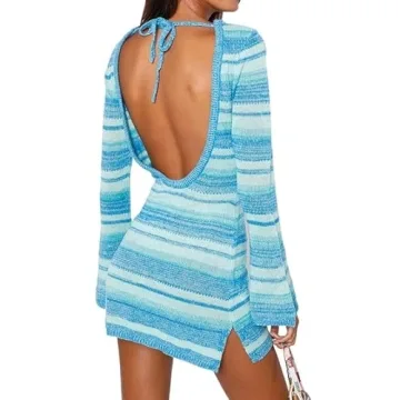 NUFIWI Backless Long Sleeve Knitted Mini Bodycon Dress