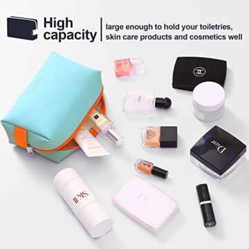 Small Makeup Bag Portable Cute Travel Makeup Bag for Women Zipper Pouch Makeup Organizer Bag PU Leather Waterproof Cute Toiletry Bags(light blue)