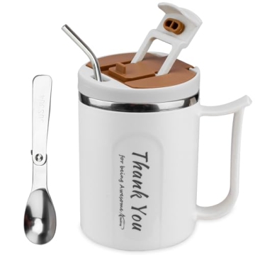 SunKrop Coffee Cup with Straw and Spoon 17OZ/500ML Stainless Steel Tumbler Office Mugs with Handle a...
