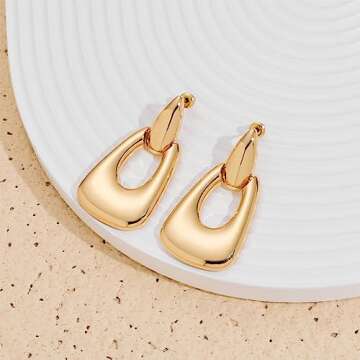 VEDAIM Large Geometric Drop Dangle Earrings for Women 18K Gold Long Waterdrop Link Dangle Earrings T...