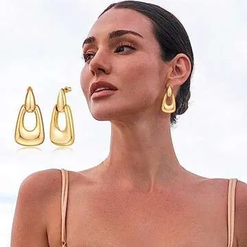 VEDAIM Large Geometric Drop Dangle Earrings for Women 18K Gold Long Waterdrop Link Dangle Earrings Trendy Jewelry