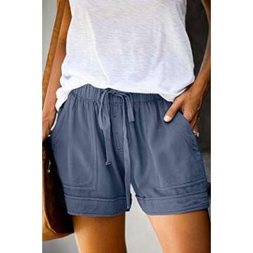 FEKOAFE Women's Casual Solid Drawstring Comfy Cotton Shorts in LBlue XL