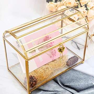 Utopz Arch-Design Golden Glass Card Box with Slot and Lock, Metal Clear Box for Bridal Wedding Baby Shower Reception Donation Raffle Ballot