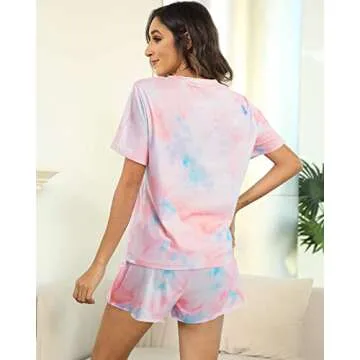 LOTUCY Bride Pajama Set Bachelorette Pjs Women Casual Tie Dye Pajama Bridal Party Pajamas Set Short Sleeve Sleepwear Pink