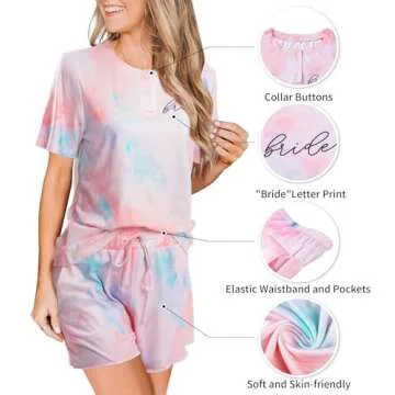 LOTUCY Bride Pajama Set Bachelorette Pjs Women Casual Tie Dye Pajama Bridal Party Pajamas Set Short Sleeve Sleepwear Pink