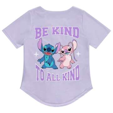 Disney Girls Baseball Jersey T-Shirt with Lilo & Stitch and Angel - Girls Sizes 4-16 Lavender