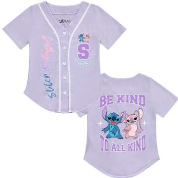 Disney Girls Baseball Jersey T-Shirt with Lilo & Stitch and Angel - Girls Sizes 4-16 Lavender