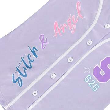 Disney Girls Baseball Jersey T-Shirt with Lilo & Stitch and Angel - Girls Sizes 4-16 Lavender