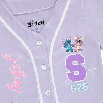 Disney Girls Baseball Jersey T-Shirt with Lilo & Stitch and Angel - Girls Sizes 4-16 Lavender