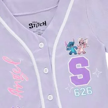 Disney Girls Baseball Jersey T-Shirt with Lilo & Stitch and Angel - Girls Sizes 4-16 Lavender
