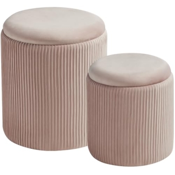 BLEXA Round Set of 2 Ottoman with Storage-Upholstered Velvet Vanity Stool for Makeup Multifunctional...