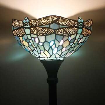 WERFACTORY Tiffany Floor Lamp Sea Blue Stained Glass Dragonfly Light 12X12X66 Inches Pole Torchiere ...