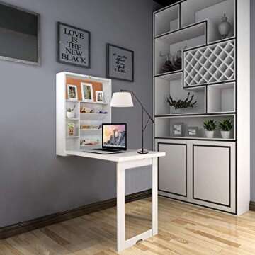 Timechee Wall Mounted Table, Fold Out Convertible Multi-Function Computer Desk, Wood Wall Hanging Writing Floating Desk with Large Storage Area for Home Office White