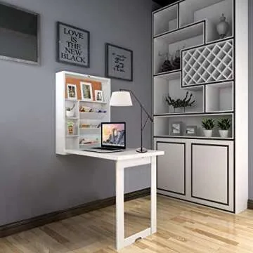 Timechee Wall Mounted Table, Fold Out Convertible Multi-Function Computer Desk, Wood Wall Hanging Writing Floating Desk with Large Storage Area for Home Office White
