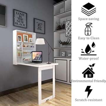 Timechee Wall Mounted Table, Fold Out Convertible Multi-Function Computer Desk, Wood Wall Hanging Writing Floating Desk with Large Storage Area for Home Office White