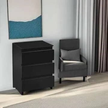 Yaheetech Nightstand with Drawer, 3 Drawers Bedside Table with Sturdy Base, Wood Bedside Cupboard Accent Table with Storage Space for Bedroom, Easy Assembly, Black