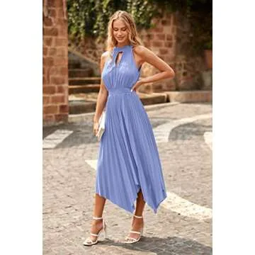 PRETTYGARDEN Summer Dress for Women Elegant Halter Neck Cut Out Irregular Hem Pleated Midi A-Line Flowy Dresses (Sky Blue,XX-Large)
