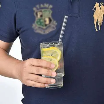 ALINK Ribbed Drinking Glasses with Glass Straws 6pcs Set, Vintage Iced Coffee Cups Glassware, Origami Style Ridged Glass Tumbler for Coocktail, Whiskey, Beer, Water - 2 Cleaning Brush