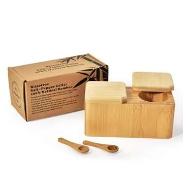 Bamboo Swivel Salt Pepper Spice Box Cellars pinch pot with Magnetic Lid-2 Pot for Herbs and Spices + 2pcs mini salt spoon