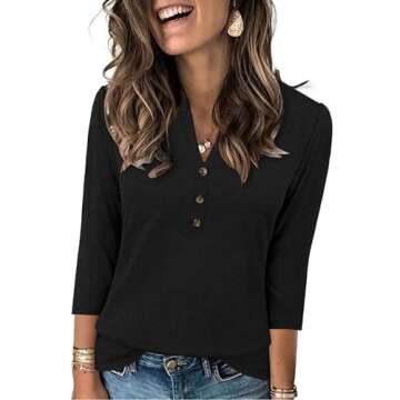 Dressy Tops for Women Casual 3/4 Sleeve V Neck Shirts Loose Fitting Tees Black