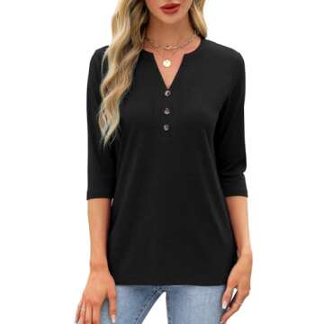 Dressy Tops for Women Casual 3/4 Sleeve V Neck Shirts Loose Fitting Tees Black