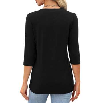 Dressy Tops for Women Casual 3/4 Sleeve V Neck Shirts Loose Fitting Tees Black