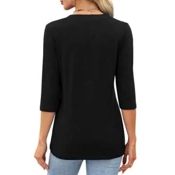 Dressy Tops for Women Casual 3/4 Sleeve V Neck Shirts Loose Fitting Tees Black