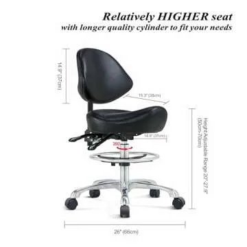 Saddle Chair Rolling Saddle Stool with Back Support, Esthetician Chair Ergonomic Saddle Chair for Dental Hygienist, Medical, Salon (with Back, Black)