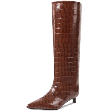 COMJUY Brown Crocodile Kitten Heel Knee High Boots for Women, 1.5-in Stiletto Low Heel Long Boots Wo...