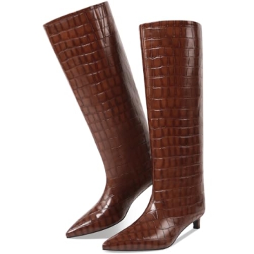 COMJUY Brown Crocodile Kitten Heel Boots for Women