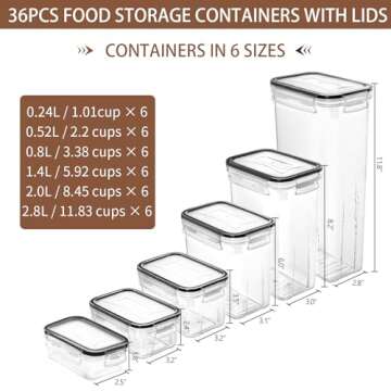 Skroam 36 Pack Airtight Food Storage Containers for Kitchen Pantry Organizers and Storage, Plastic K...