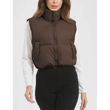 Flygo Women's Lightweight Cropped Puffer Vest Zip Up Stand Collar