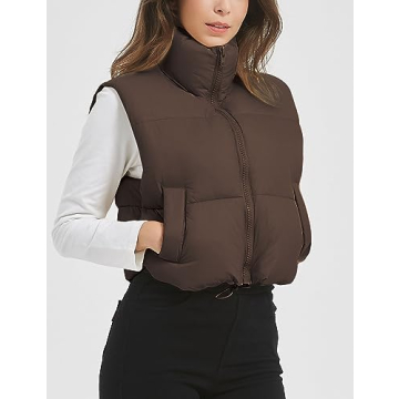 Flygo Women's Lightweight Cropped Puffer Vest Zip Up Stand Collar