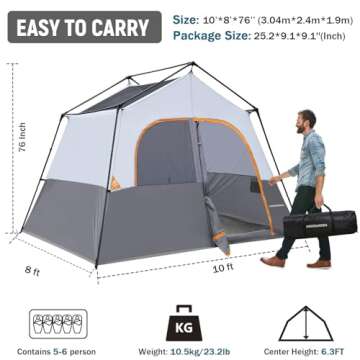 HIKERGARDEN 6 Person Camping Tent - Portable Easy Set Up Family Tent for Camp, Windproof Fabric Cabi...