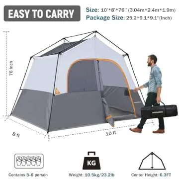 HIKERGARDEN 6 Person Camping Tent - Portable Easy Set Up Family Tent for Camp, Windproof Fabric Cabi...