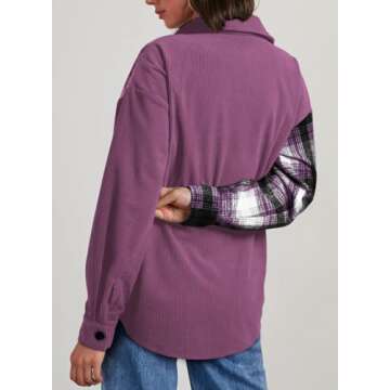 Astylish Womens Color Block Corduroy Shacket Long Sleeve Button Up Shirt Blouse Top Orchid Petal XX-Large