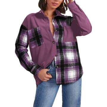 Astylish Womens Color Block Corduroy Shacket Long Sleeve Button Up Shirt Blouse Top Orchid Petal XX-Large