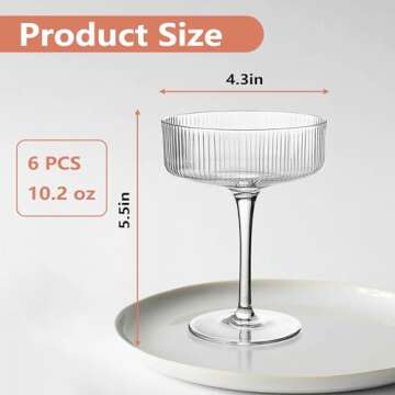 Montex 6 Pcs Coupe Glasses 10 oz, Martini Glasses, Margarita Glass, Ribbed Glassware, Classic Vintage Cocktail Galssware, Pefect Gift for Cocktail Lovers