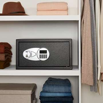 Amazon Basics Steel Security Safe with Programmable Electronic Keypad - Secure Valuables, Cash, Jewelry, ID Documents - Black, 1 Cubic Feet, 16.93" W x 14.57" D x 9.06" H