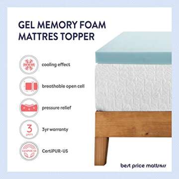 Best Price Mattress 4 Inch Ventilated Memory Foam Mattress Topper, Cooling Gel Infusion, CertiPUR-US Certified, Short Queen Light Blue