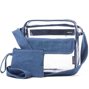 Clear Stadium Bag with Denim Trim | NFL NCAA PGA NASCAR Approved 10 x 10 x 5 Crossbody Messenger with Adjustable Shoulder Strap | Dakbee Original with Zippered Pockets| Bonus Denim Privacy Clutch