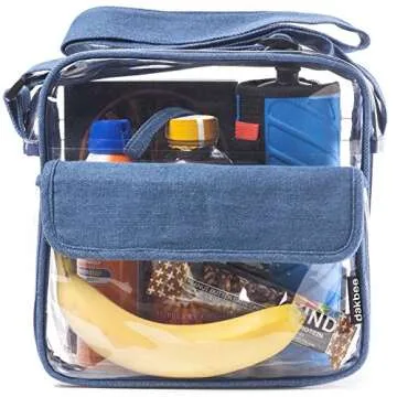 Clear Stadium Bag with Denim Trim | NFL NCAA PGA NASCAR Approved 10 x 10 x 5 Crossbody Messenger with Adjustable Shoulder Strap | Dakbee Original with Zippered Pockets| Bonus Denim Privacy Clutch