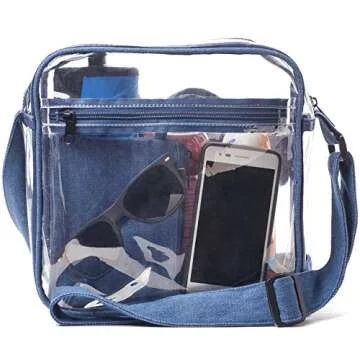 Clear Stadium Bag with Denim Trim | NFL NCAA PGA NASCAR Approved 10 x 10 x 5 Crossbody Messenger with Adjustable Shoulder Strap | Dakbee Original with Zippered Pockets| Bonus Denim Privacy Clutch
