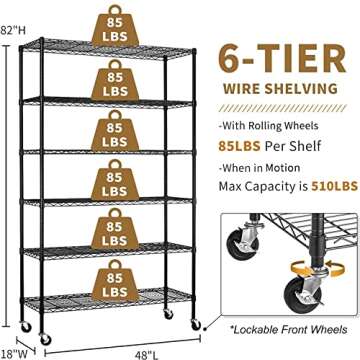 YYkokocat 6-Tier Wire Shelving Unit 2100Lb Capacity Adjustable Storage Shelves Heavy Duty Storage Rack with Wheels NSF Metal Shelf for Closet Kitchen Garage Basement, 82" H x 48" L x 18" D, Black
