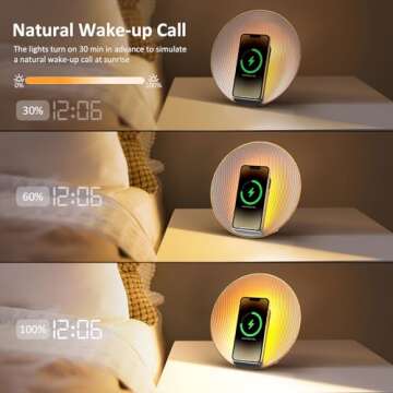 COLSUR Sunrise Alarm Clock Wake Up Light,Bluetooth Speaker,Wireless Charging,White Noise,Bedside Lamp,Bedroom,Snooze & Sleep Aid,Ideal for Gift